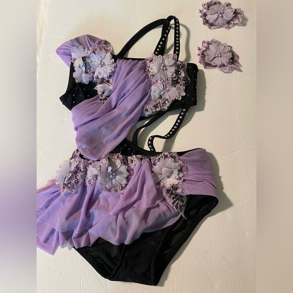 Glamour solo dance costume purple lavender black rhinestone lyrical LC child - Picture 4 of 10
